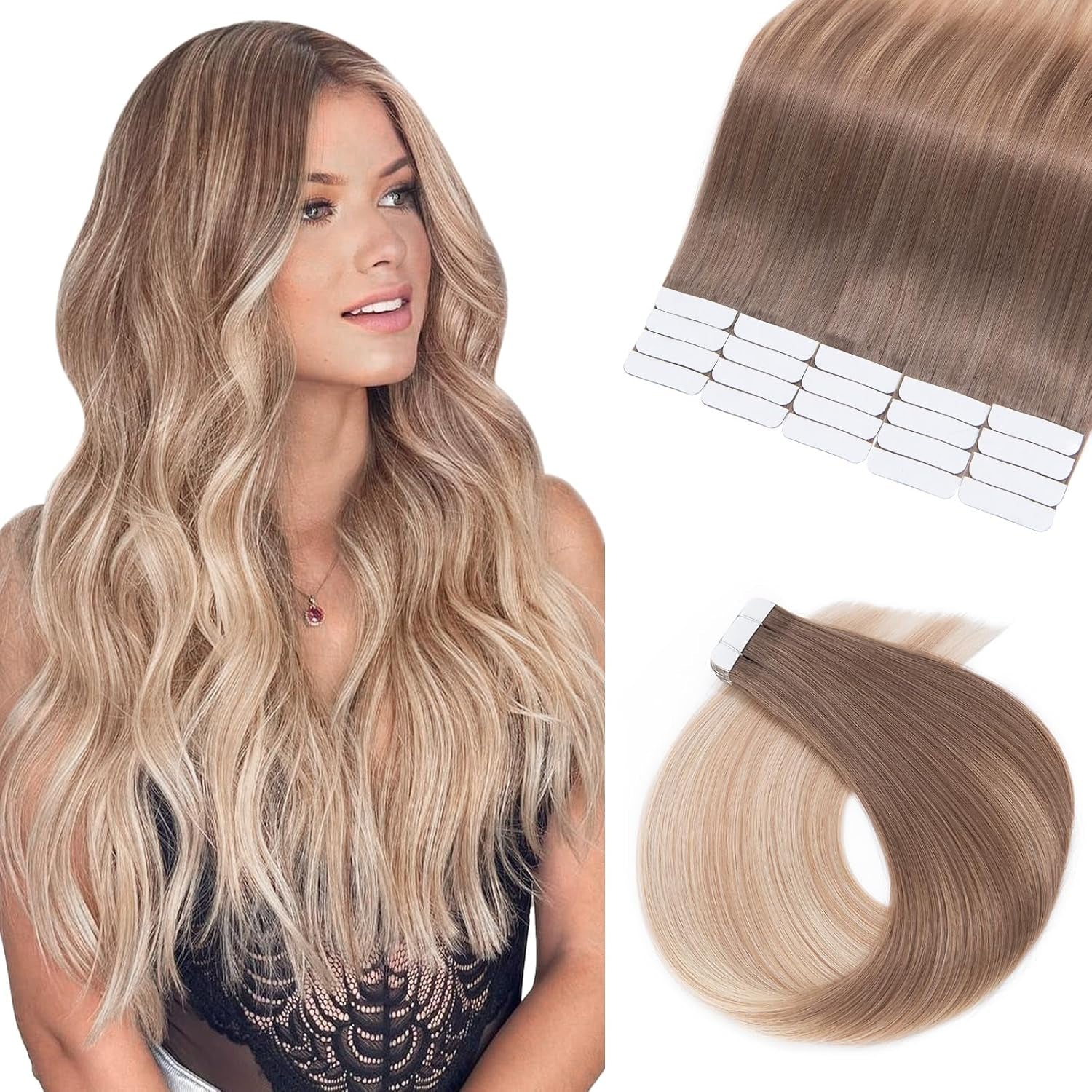 18 Inch Remy Human Hair Tape in Hair Extensions - Dark Brown and Blonde Balayage