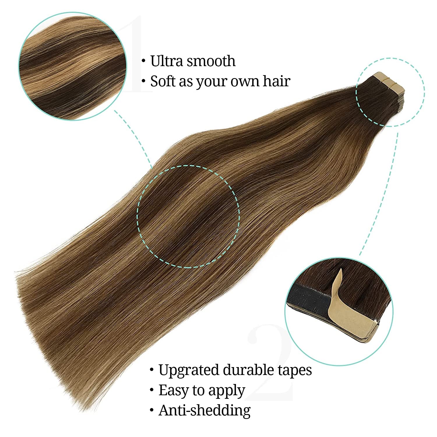 Balayage Chocolate Brown to Caramel Blonde Tape in Human Hair Extensions - Straight Remy Hair, 50g 20pcs 14 Inch