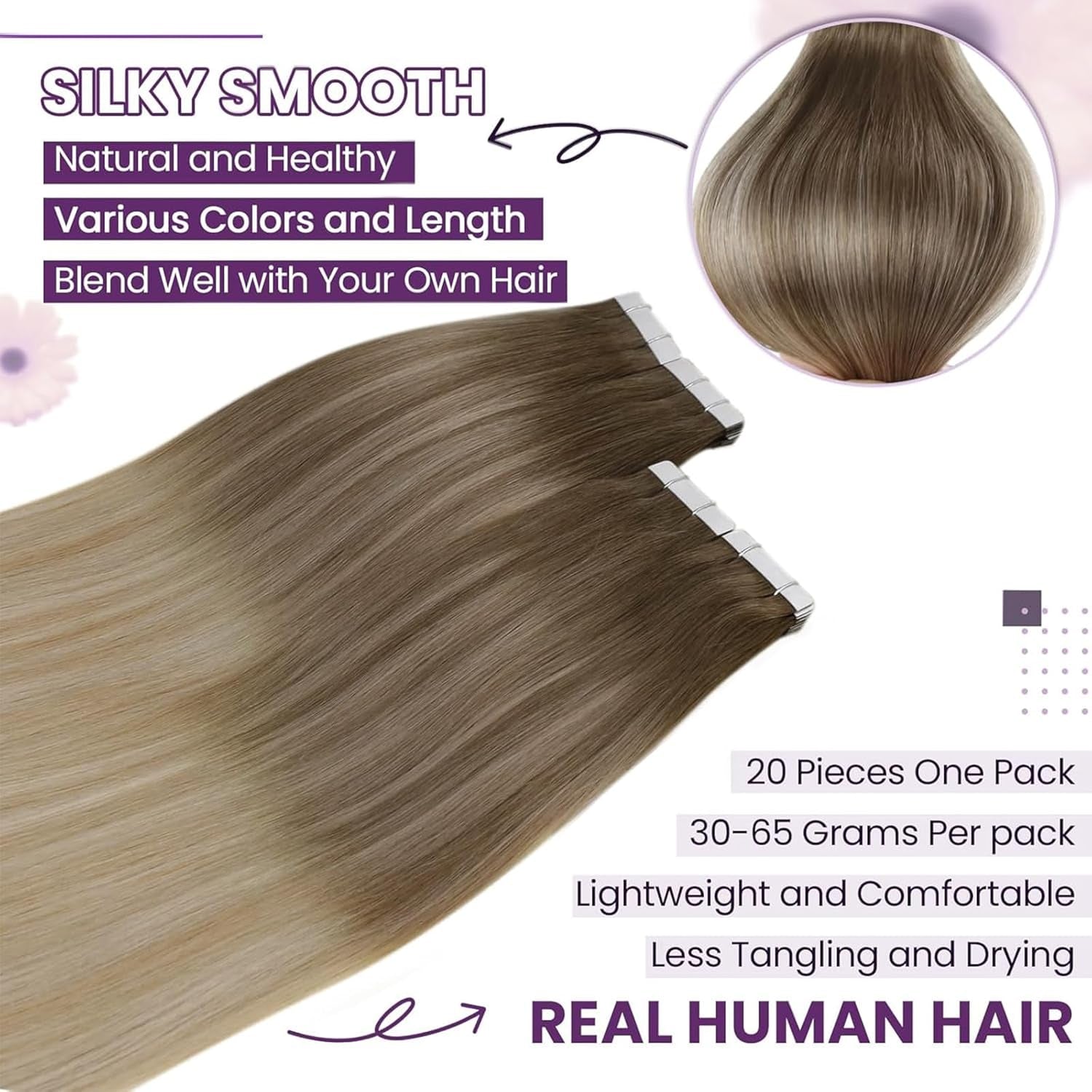 Professional title: &quot;Seamless Ombre Tape-in Human Hair Extensions - Light Brown to Ash Blonde Mix, 18 Inch, 20Pcs 50G&quot;