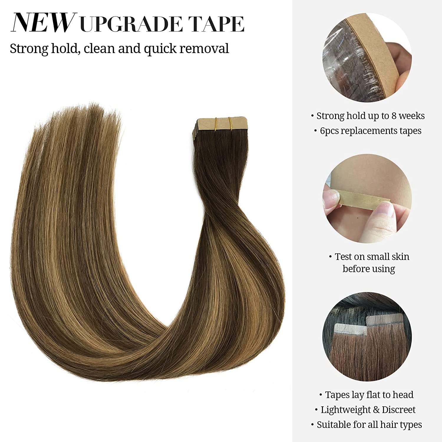 Balayage Chocolate Brown to Caramel Blonde Tape in Human Hair Extensions - Straight Remy Hair, 50g 20pcs 14 Inch