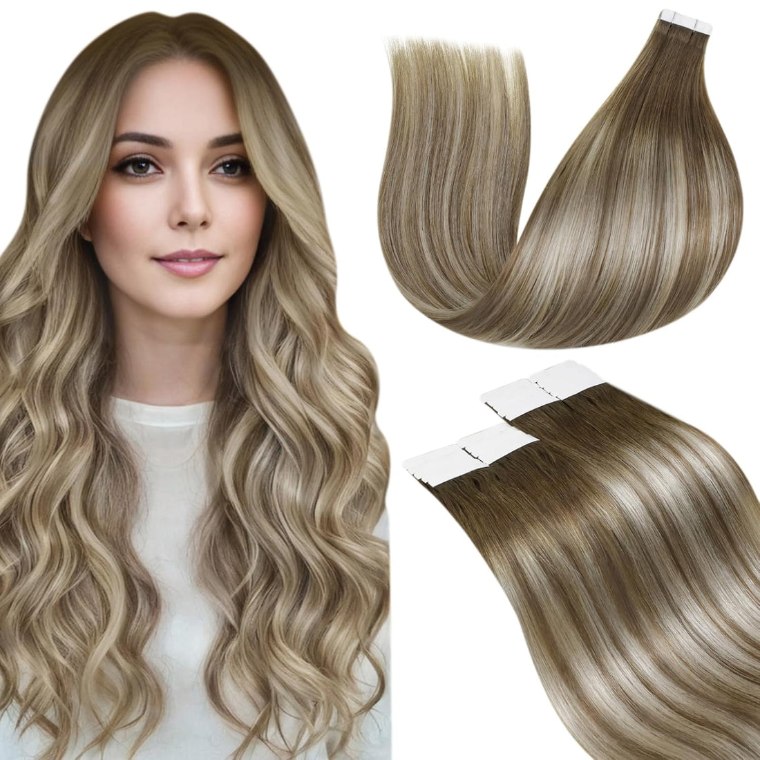 Human Hair Tape in Extensions Invisible Tape in Hair Extensions Balayage Light Brown Fading to Platinum Blonde with Brown Human Hair Extensions Tape in Remy Hair 20Pcs 50G 14 Inch