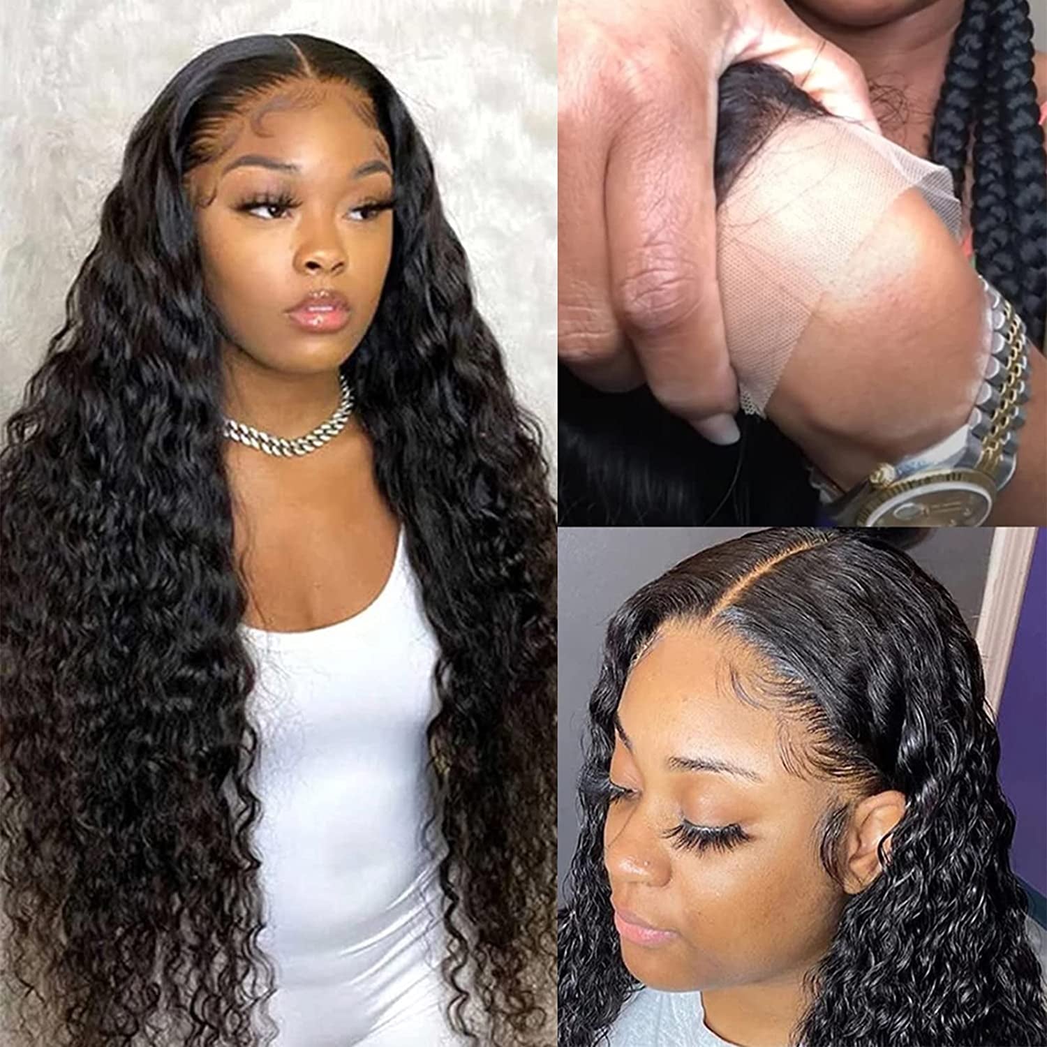 Hair Transparent Lace Front Wigs Human Hair Deep Wave 150% Density Deep Curly 13X4 Lace Front Human Hair Wigs for Black Women Virgin Hair Wigs Pre Plucked with Baby Hair Natural Color 16 Inch