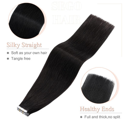 20 Inch Tape in Hair Extensions Human Hair 100G 40Pcs Straight Natural 100% Remy Rooted Seamless Skin Weft Invisible Double Sided Tape Hair for Women-Jet Black