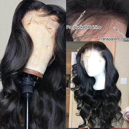 &quot;10A Body Wave Transparent Lace Front Wig with Pre-Plucked Natural Hairline for Black Women - 150% Density, 13X6 Lace Front, Baby Hair - Natural Black Color, 18 Inch&quot;