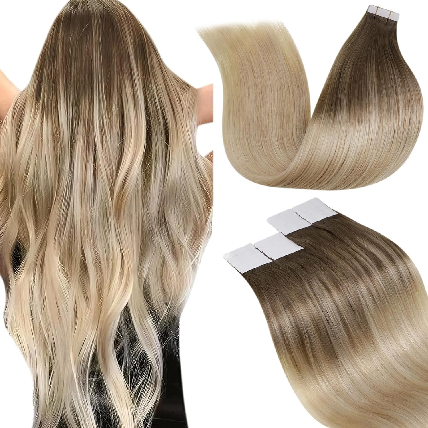 Professional title: &quot;Seamless Ombre Tape-in Human Hair Extensions - Light Brown to Ash Blonde Mix, 18 Inch, 20Pcs 50G&quot;