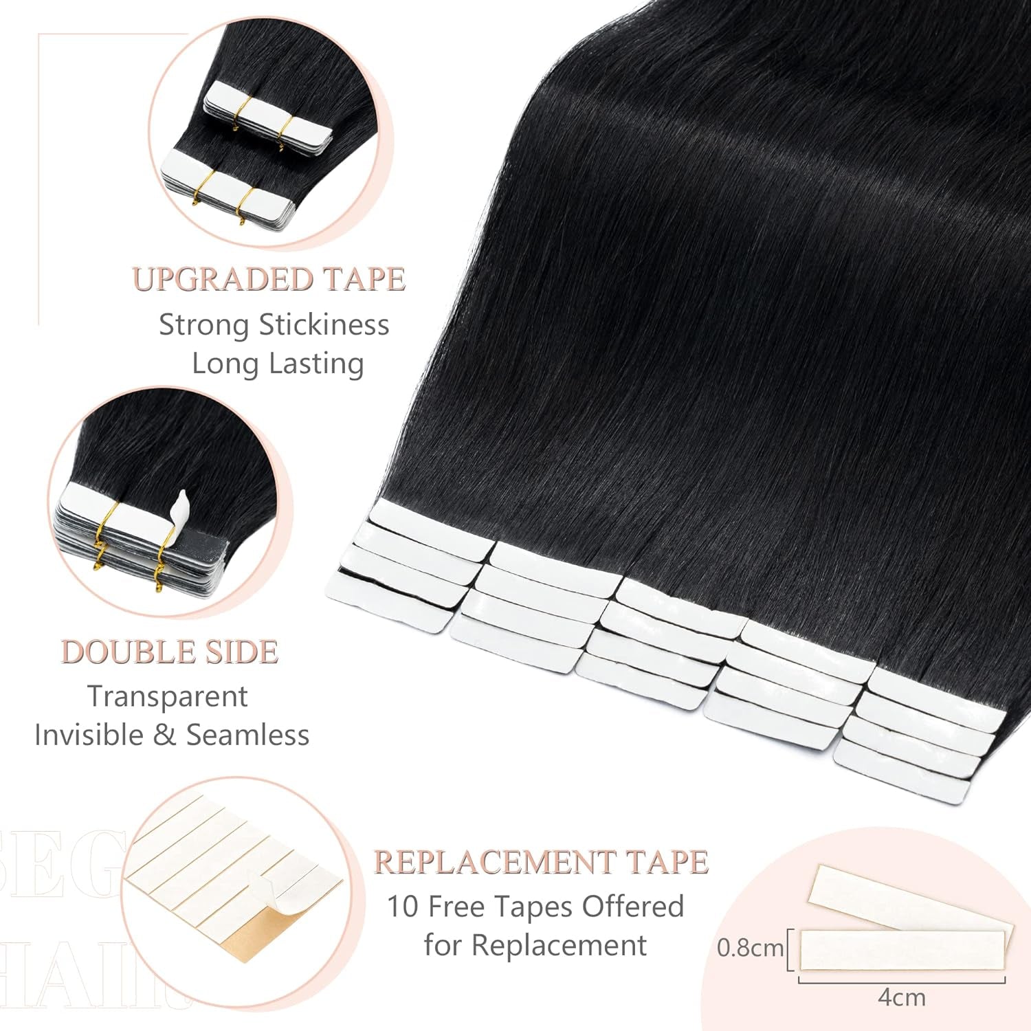 20 Inch Tape in Hair Extensions Human Hair 100G 40Pcs Straight Natural 100% Remy Rooted Seamless Skin Weft Invisible Double Sided Tape Hair for Women-Jet Black