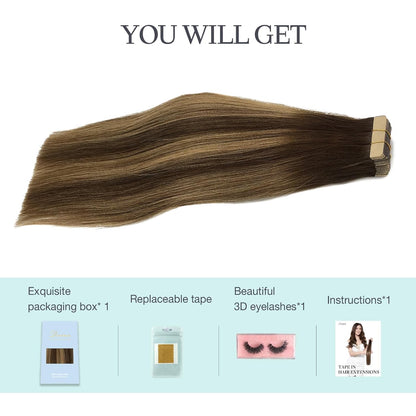 Balayage Chocolate Brown to Caramel Blonde Tape in Human Hair Extensions - Straight Remy Hair, 50g 20pcs 14 Inch