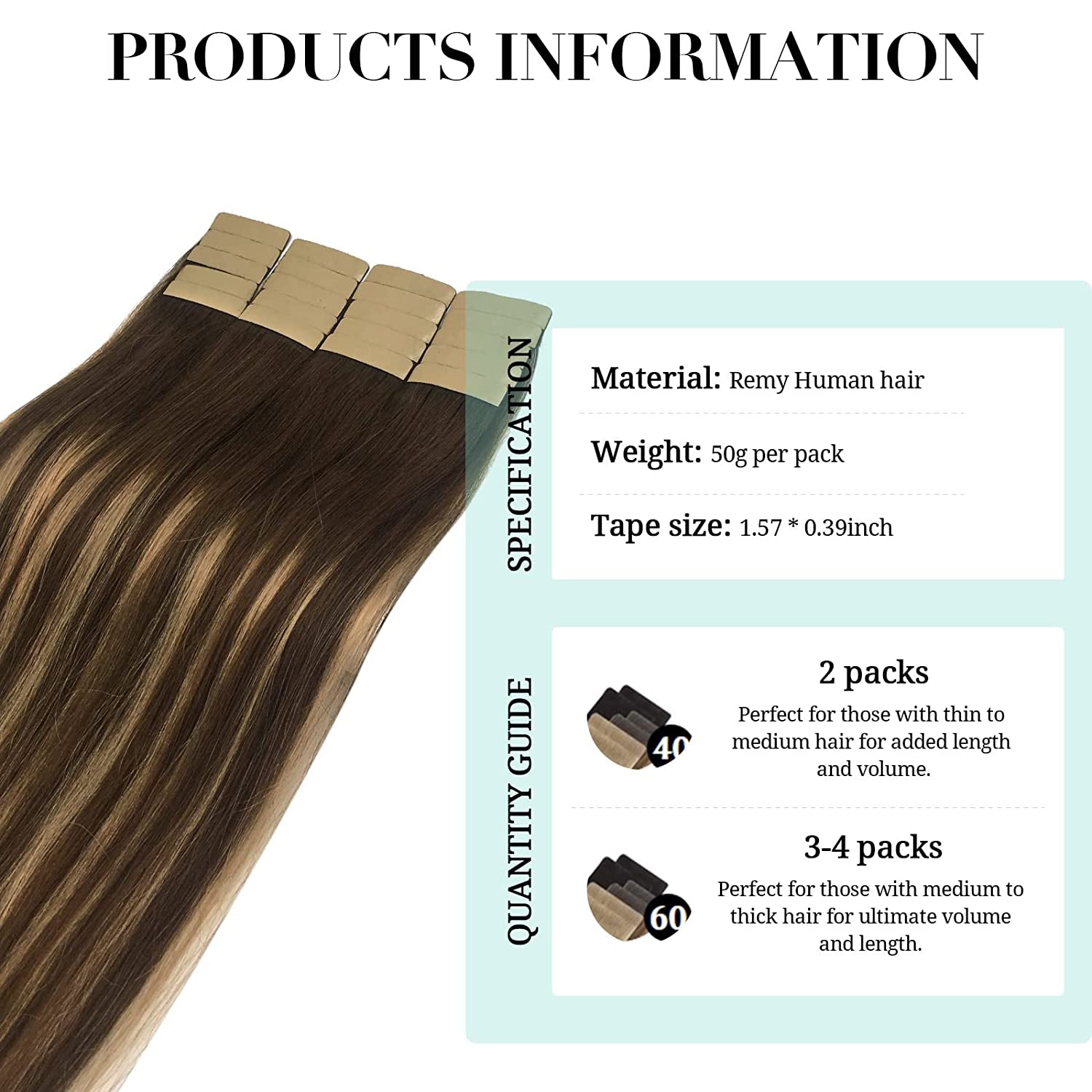 Balayage Chocolate Brown to Caramel Blonde Tape in Human Hair Extensions - Straight Remy Hair, 50g 20pcs 14 Inch