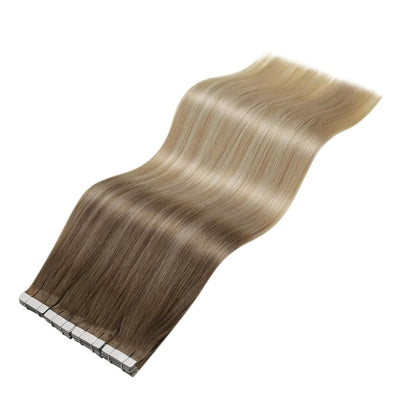 Professional title: &quot;Seamless Ombre Tape-in Human Hair Extensions - Light Brown to Ash Blonde Mix, 18 Inch, 20Pcs 50G&quot;