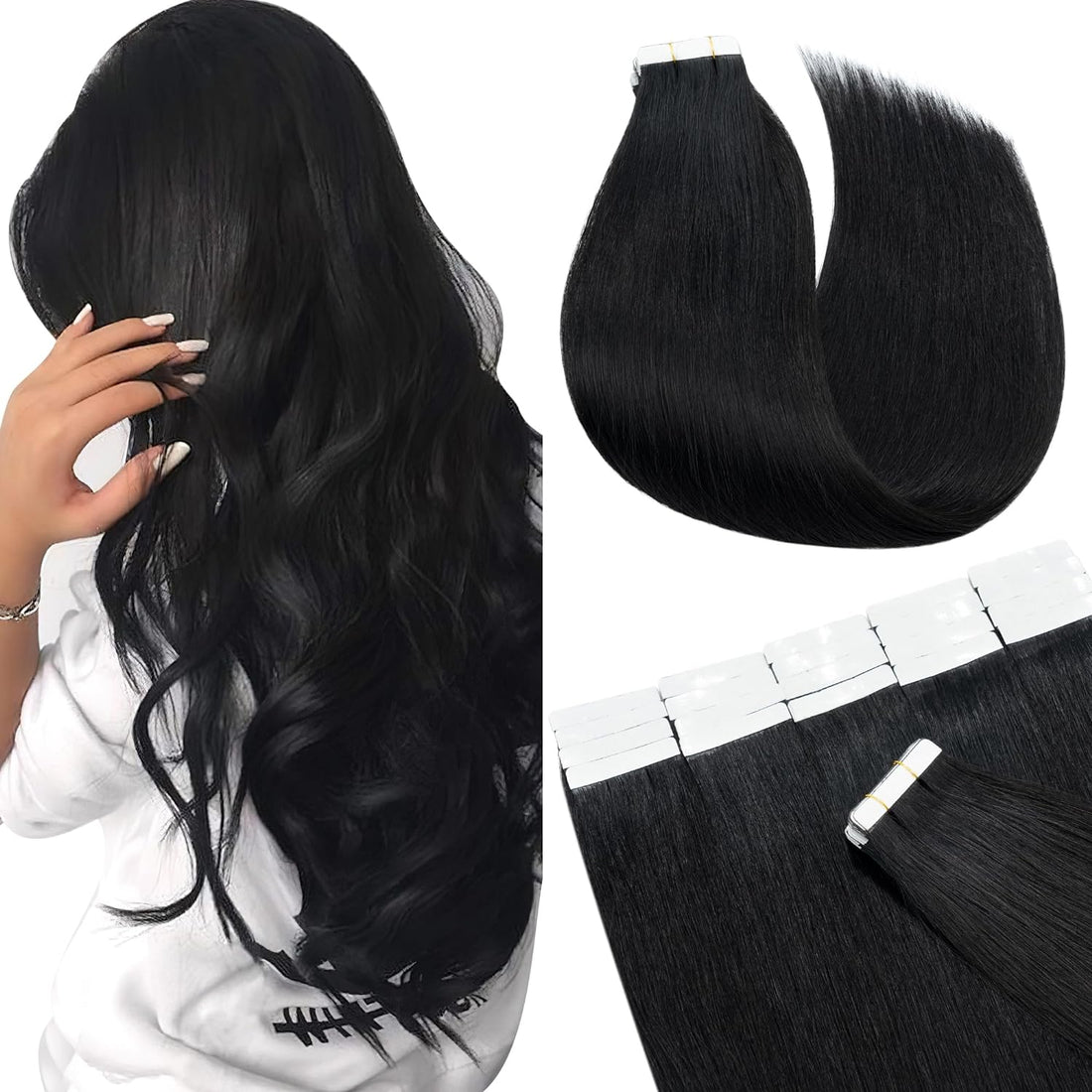 20 Inch Tape in Hair Extensions Human Hair 100G 40Pcs Straight Natural 100% Remy Rooted Seamless Skin Weft Invisible Double Sided Tape Hair for Women-Jet Black