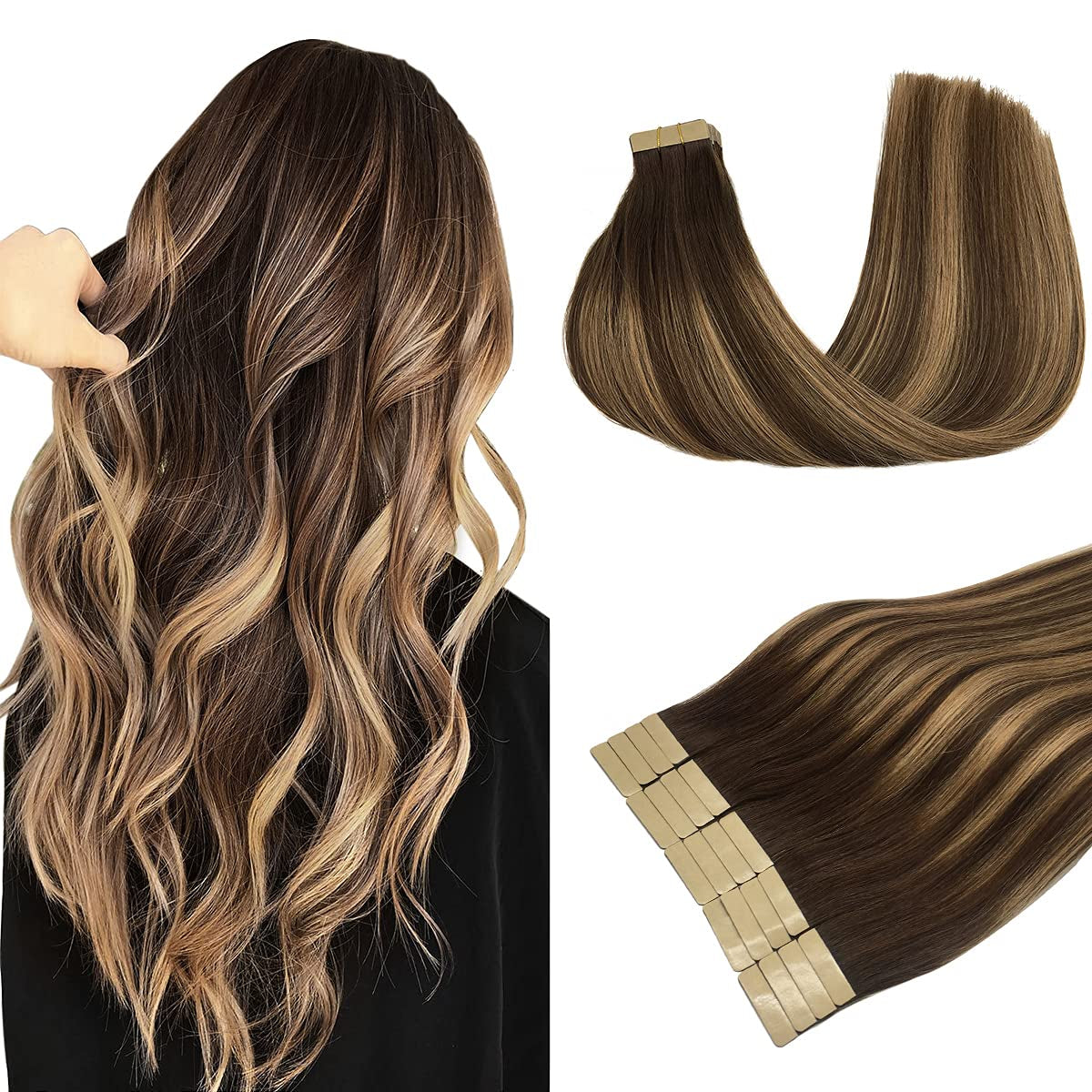 Balayage Chocolate Brown to Caramel Blonde Tape in Human Hair Extensions - Straight Remy Hair, 50g 20pcs 14 Inch