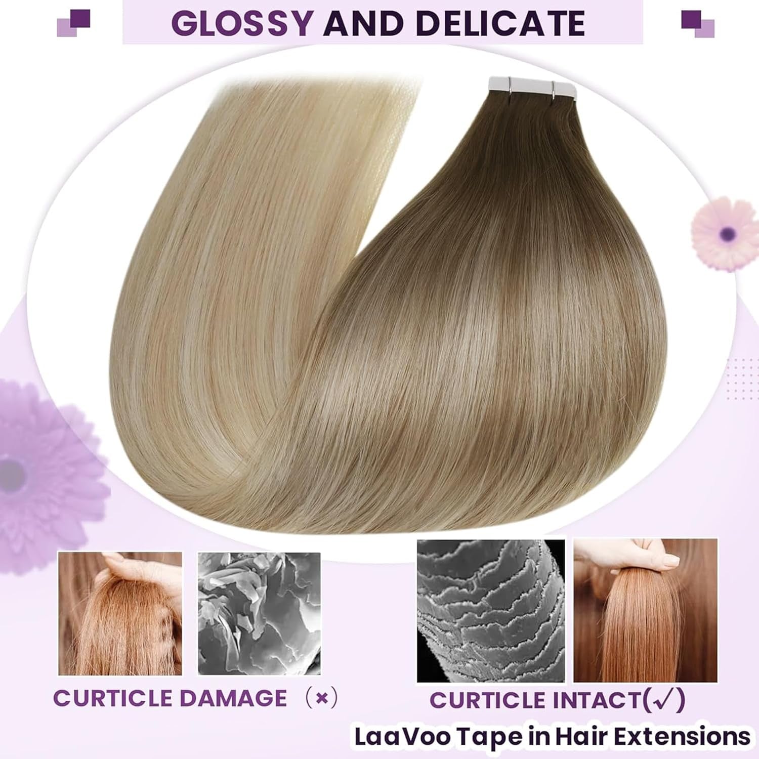 Professional title: &quot;Seamless Ombre Tape-in Human Hair Extensions - Light Brown to Ash Blonde Mix, 18 Inch, 20Pcs 50G&quot;